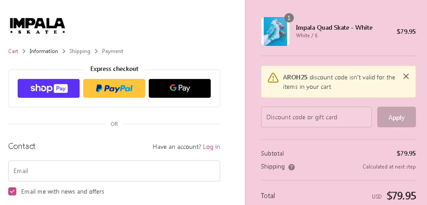 Impala Skates checkout page showing Impala Skates discount code box | Screenshot taken by SimplyCodes community member on May 21, 2024