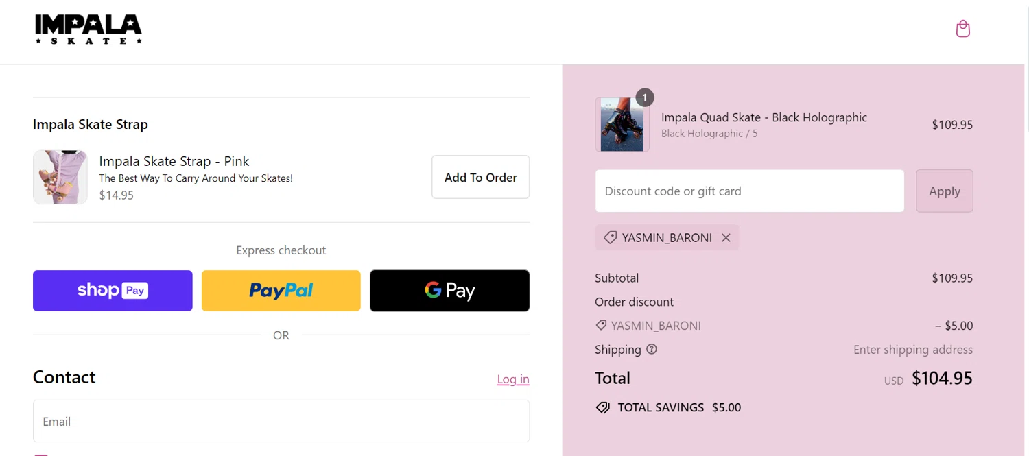Impala Skates checkout page showing Impala Skates discount code box | Screenshot taken by SimplyCodes community member on Aug 13, 2024