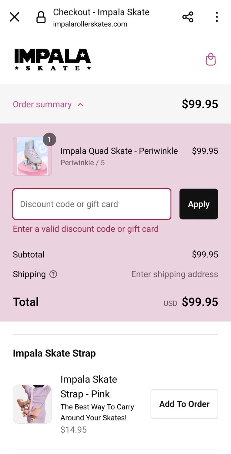 Impala Skates discount code screenshot showing code Yasmin_baroni applied at Impala Skates checkout page. Uploaded by SimplyCodes community member TULA515 on Jan 11, 2025