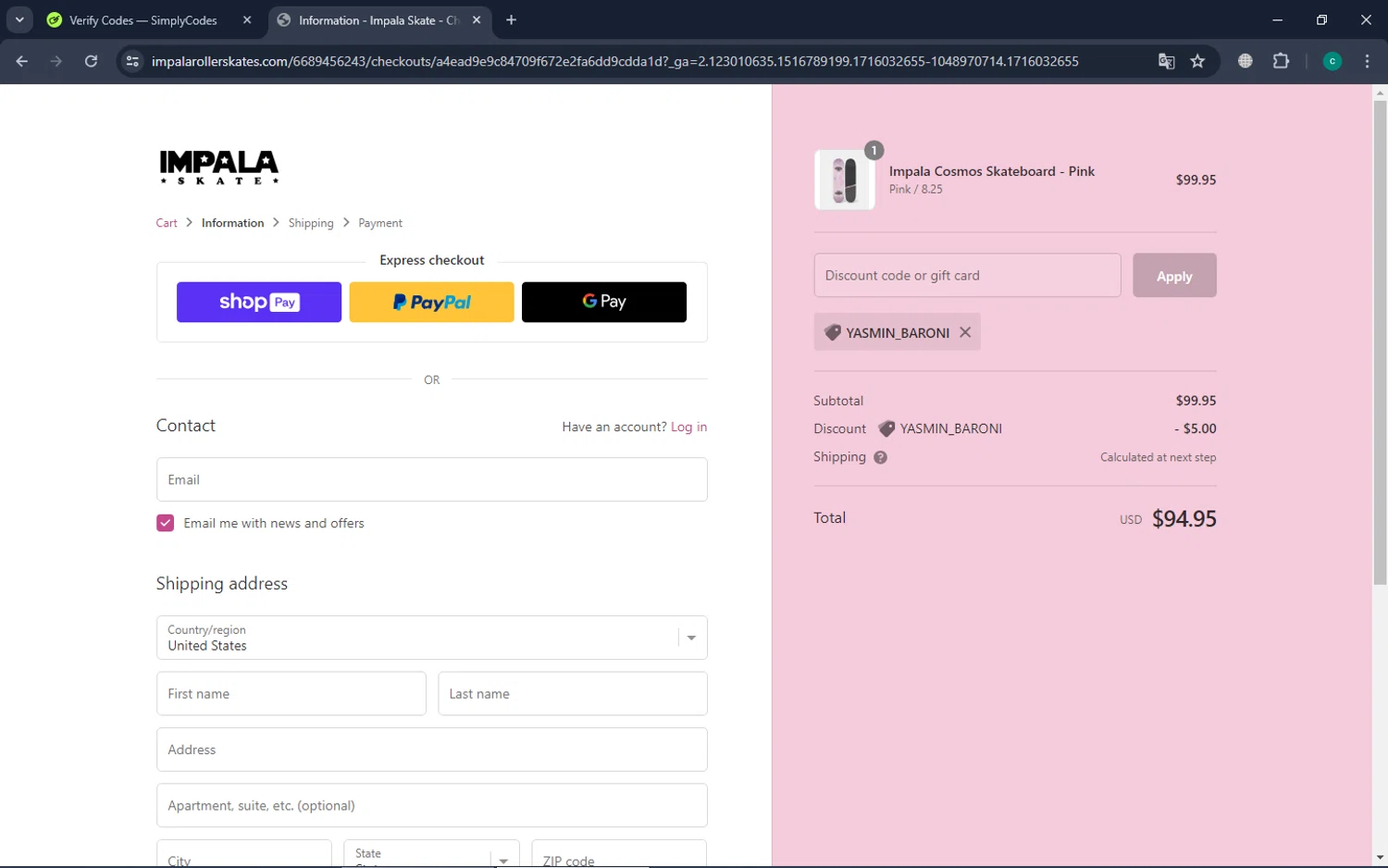 Impala Skates checkout page showing Impala Skates discount code box | Screenshot taken by SimplyCodes community member on May 18, 2024