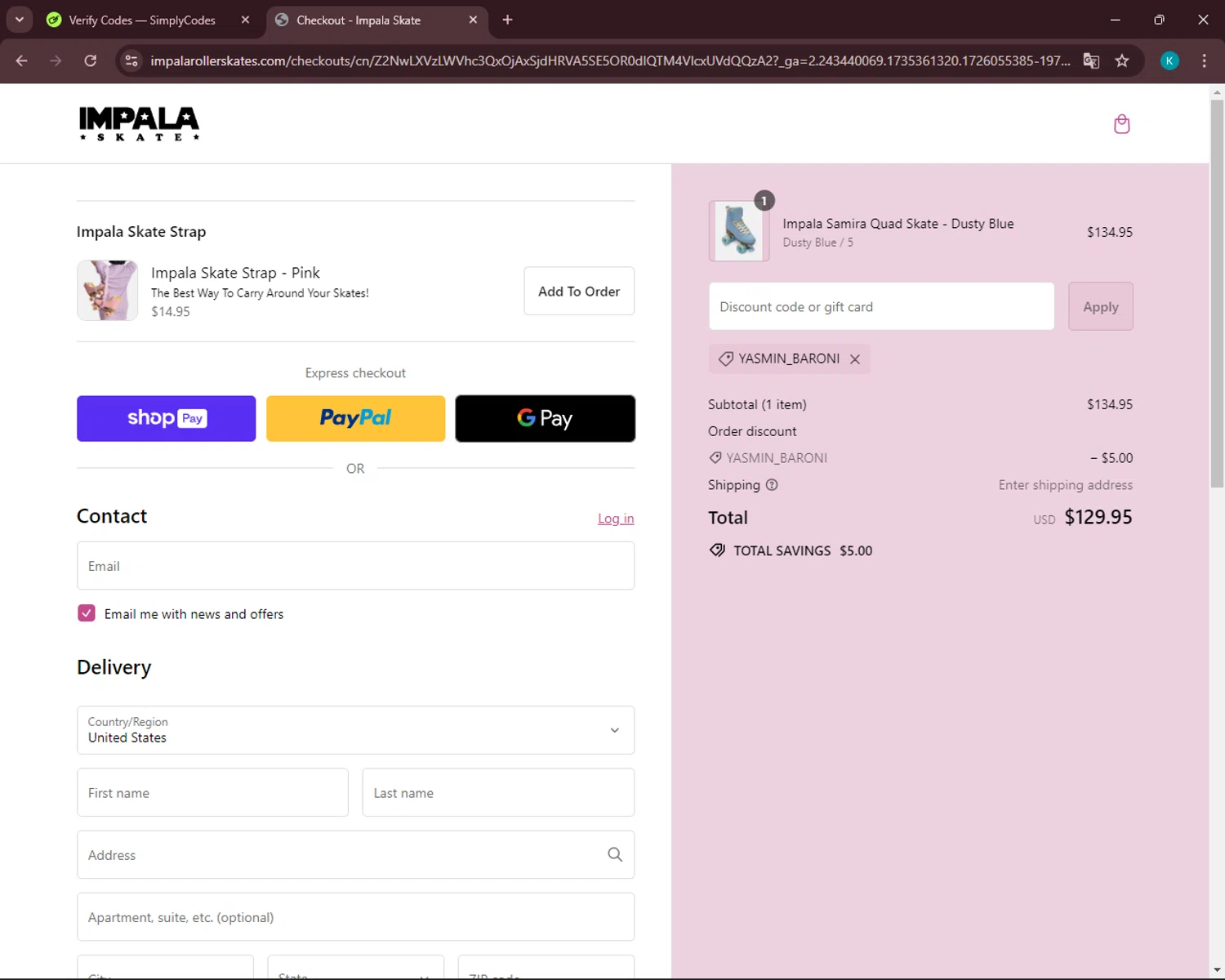 Impala Skates checkout page showing Impala Skates discount code box | Screenshot taken by SimplyCodes community member on Sep 11, 2024