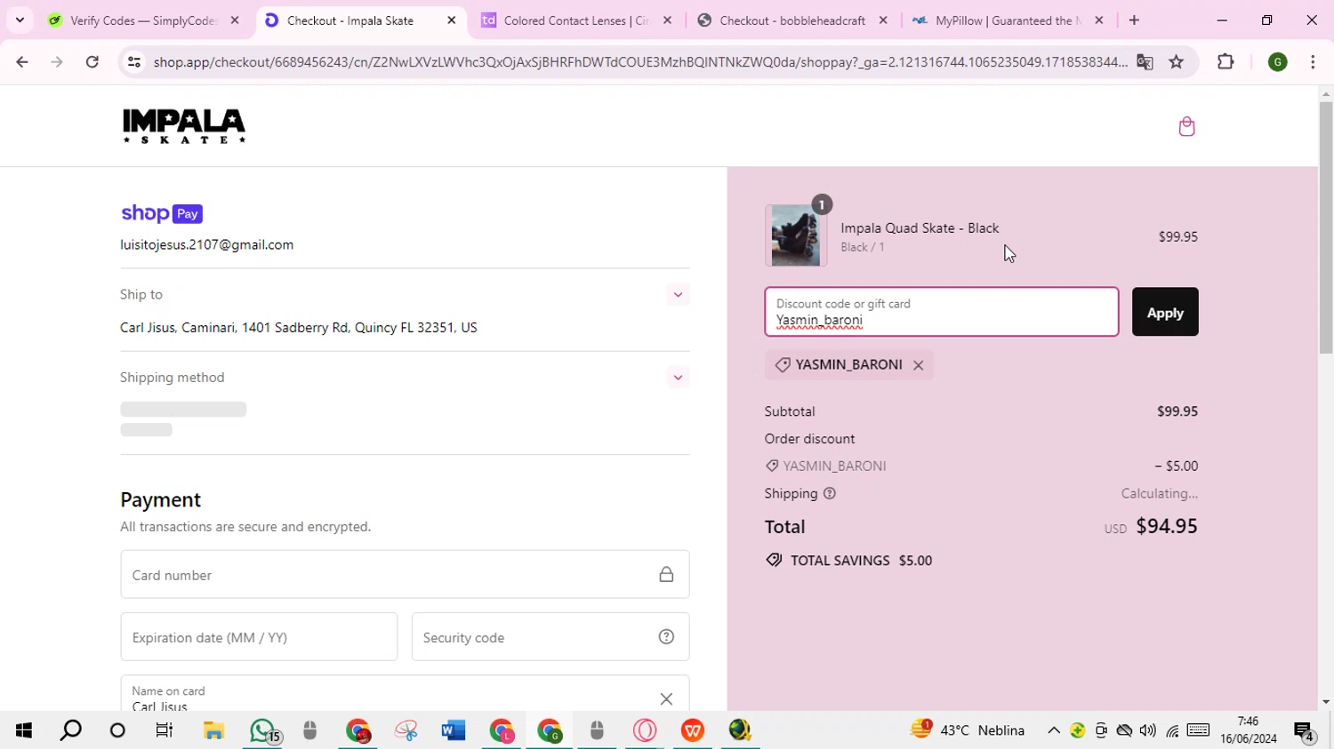 Impala Skates checkout page showing Impala Skates discount code box | Screenshot taken by SimplyCodes community member on Jun 16, 2024