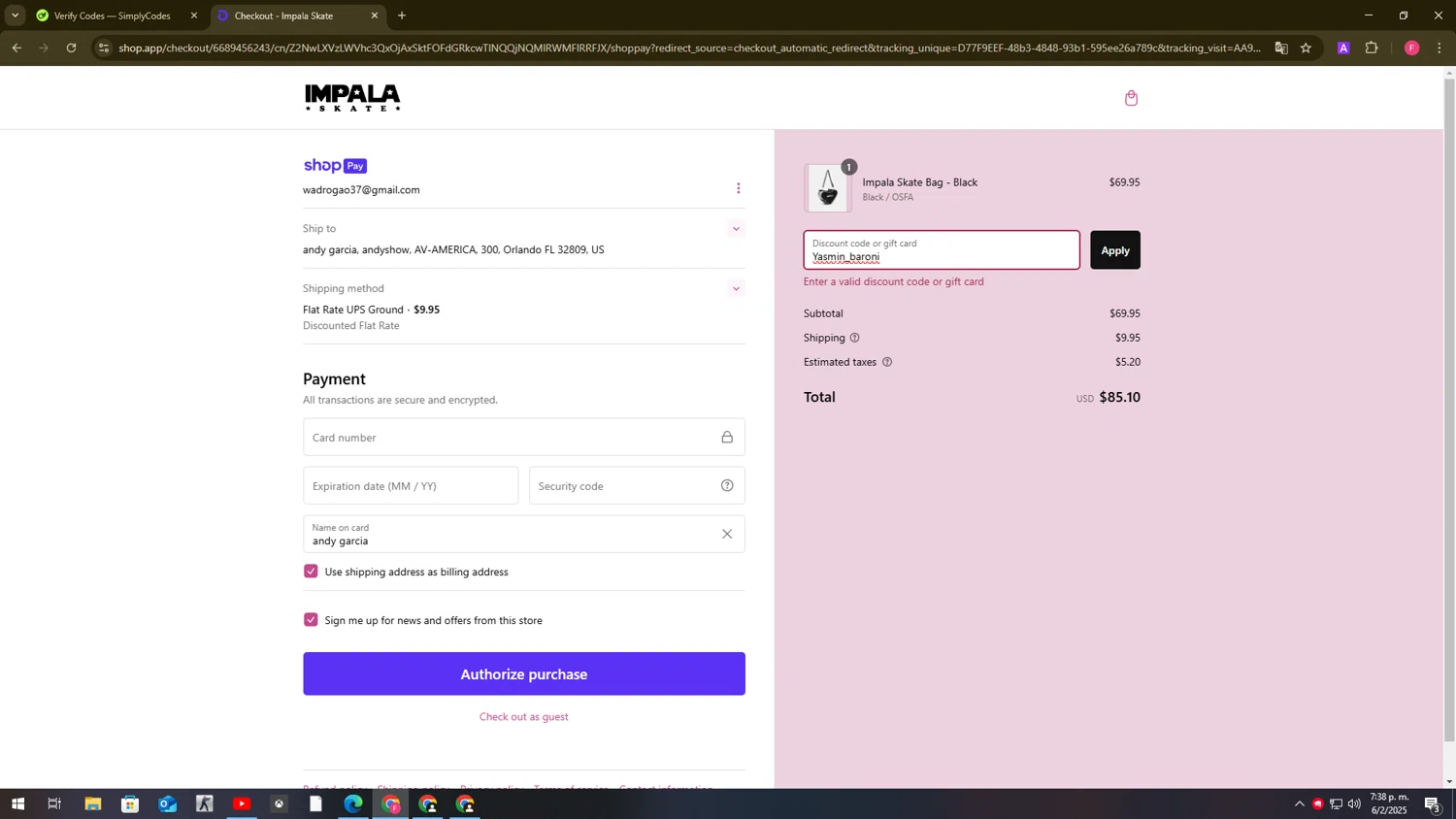 Impala Skates discount code screenshot showing code Yasmin_baroni applied at Impala Skates checkout page. Uploaded by SimplyCodes community member FortunatePilot2384 on Feb 6, 2025