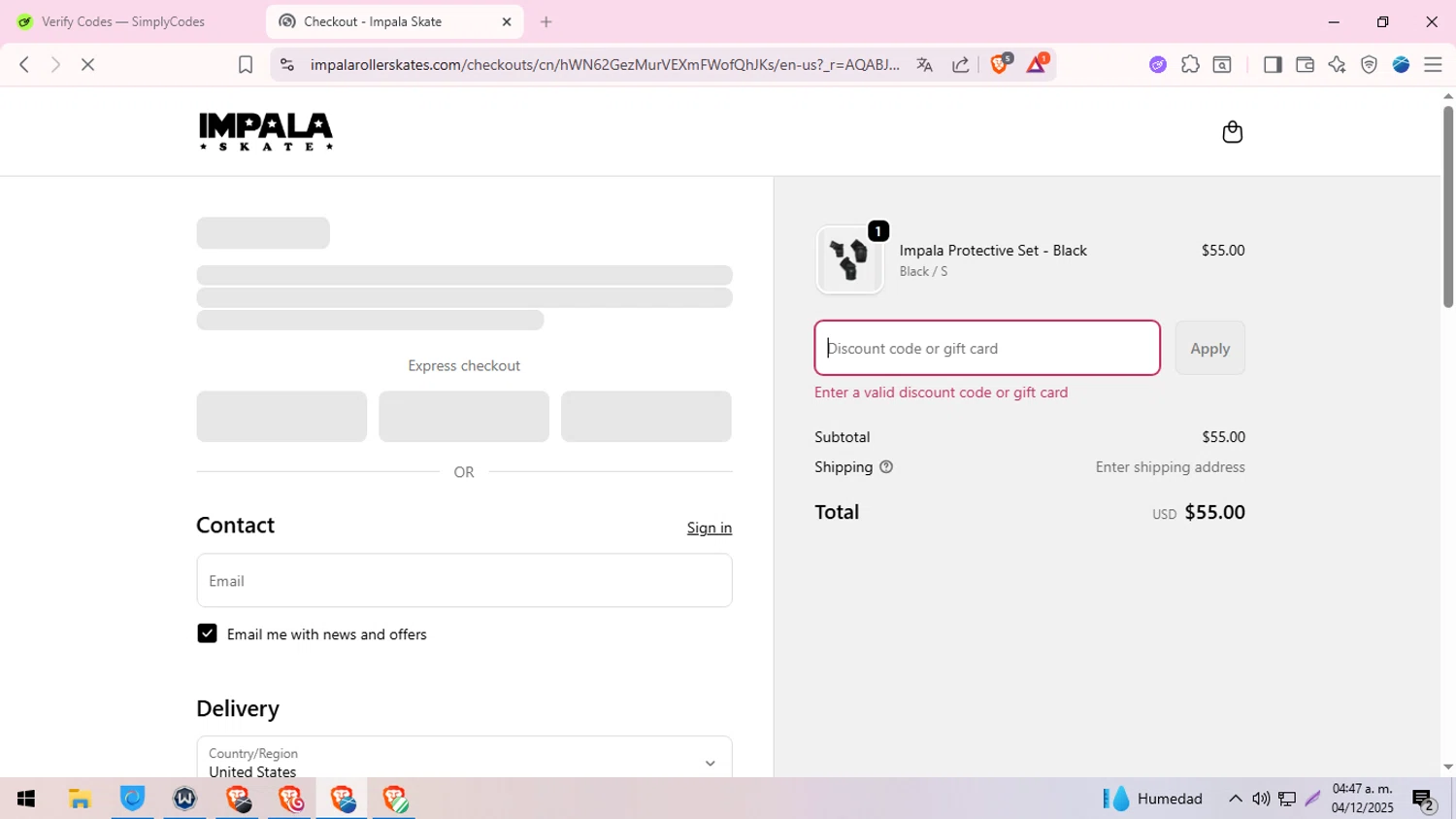 Impala Skates discount code screenshot showing code VIP15 applied at Impala Skates checkout page. Uploaded by SimplyCodes community member MoneySeeker8573 on Dec 4, 2025
