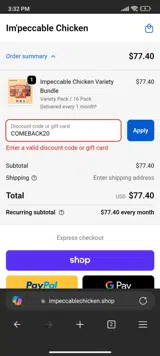 COMEBACK20 coupon verification screenshot