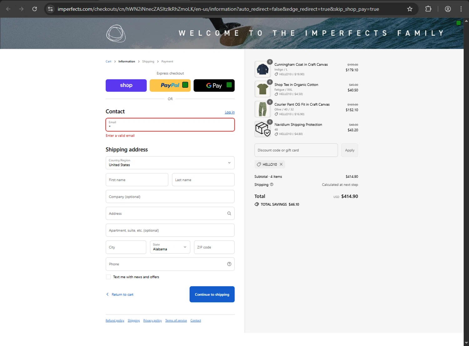 Imperfects discount code screenshot showing code HELLO10 applied at Imperfects checkout page. Uploaded by SimplyCodes community member 61664350 on Sep 7, 2025