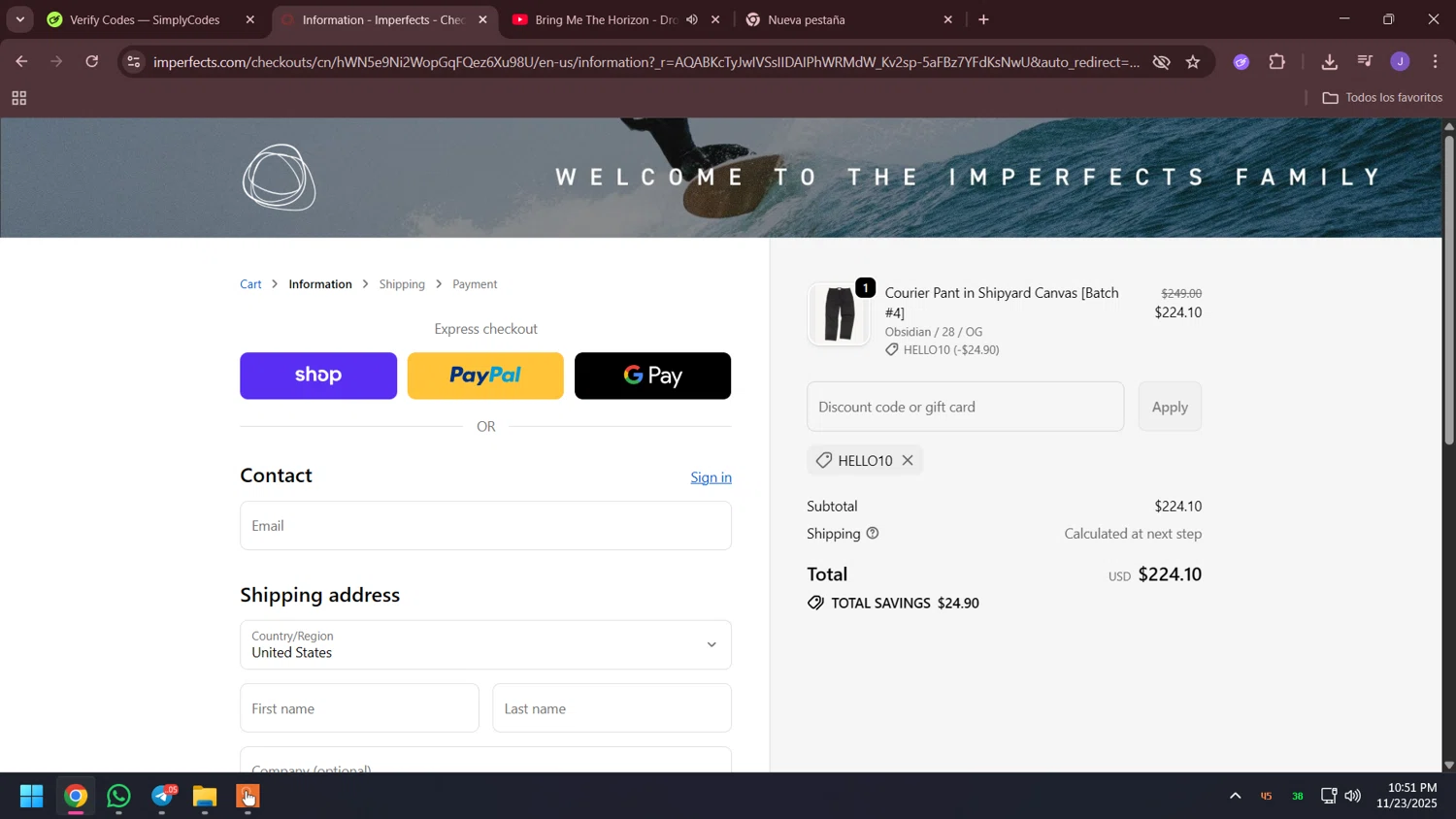 Imperfects discount code screenshot showing code HELLO10 applied at Imperfects checkout page. Uploaded by SimplyCodes community member Holadiablo on Nov 24, 2025