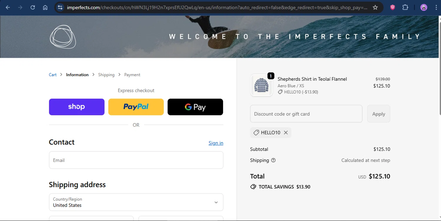 Imperfects discount code screenshot showing code HELLO10 applied at Imperfects checkout page. Uploaded by SimplyCodes community member rapc3030 on Sep 24, 2025