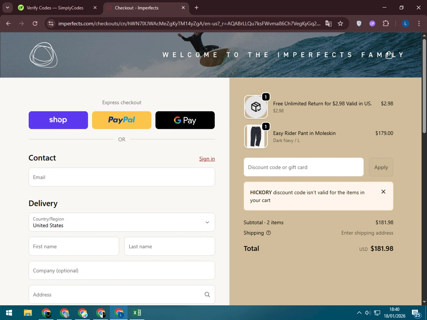 Imperfects discount code screenshot showing code HICKORY applied at Imperfects checkout page. Uploaded by SimplyCodes community member LegendaryLegend5536 on Jan 18, 2026