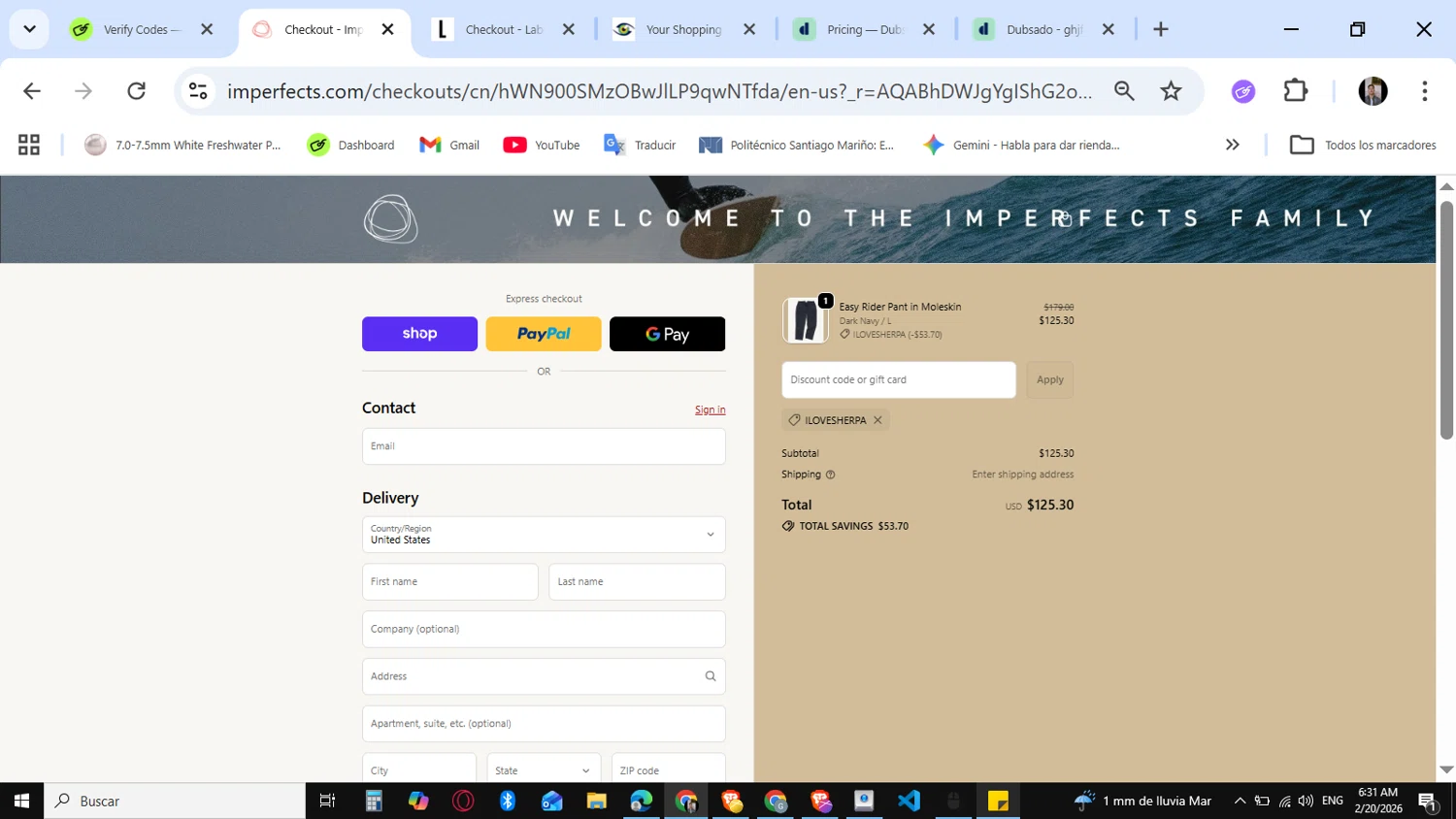 Imperfects checkout page showing Imperfects discount code box | Screenshot taken by SimplyCodes community member on Feb 20, 2026