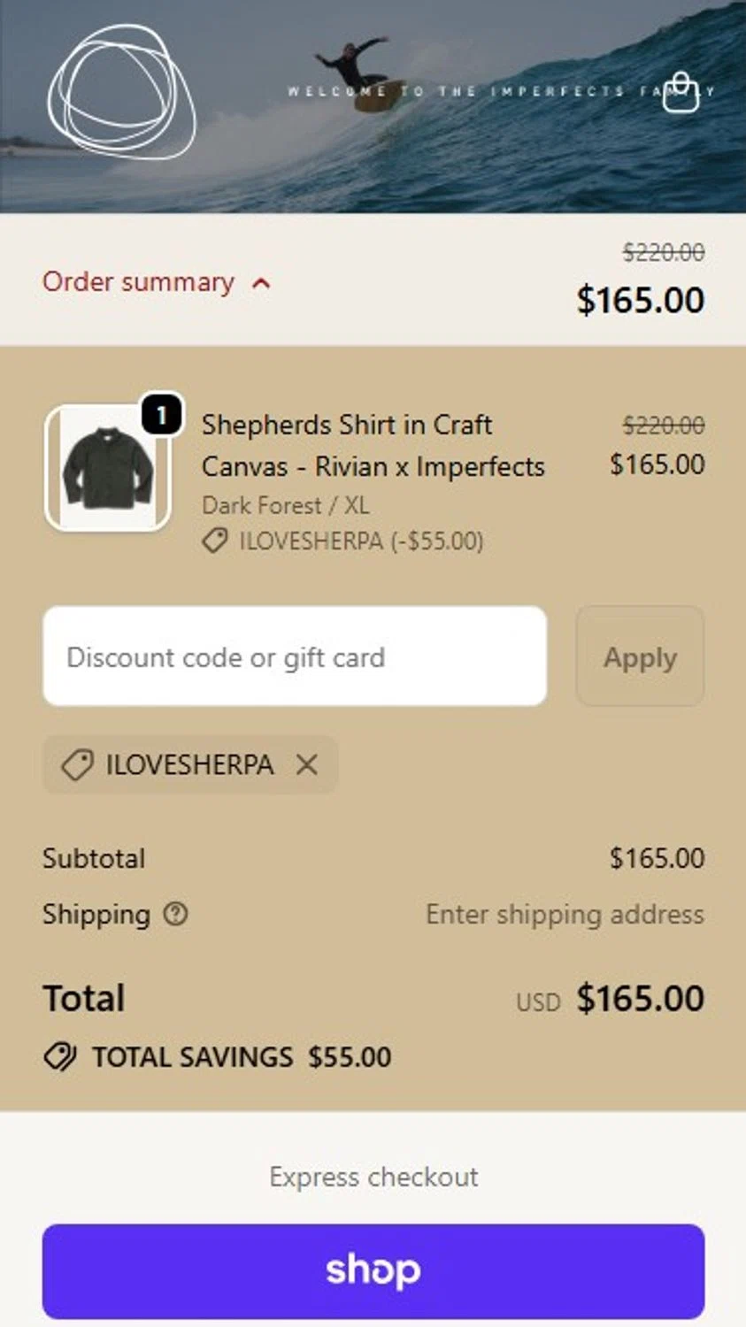 Imperfects discount code screenshot showing code ILOVESHERPA applied at Imperfects checkout page. Uploaded by SimplyCodes community member RonaldoM32 on Feb 7, 2026