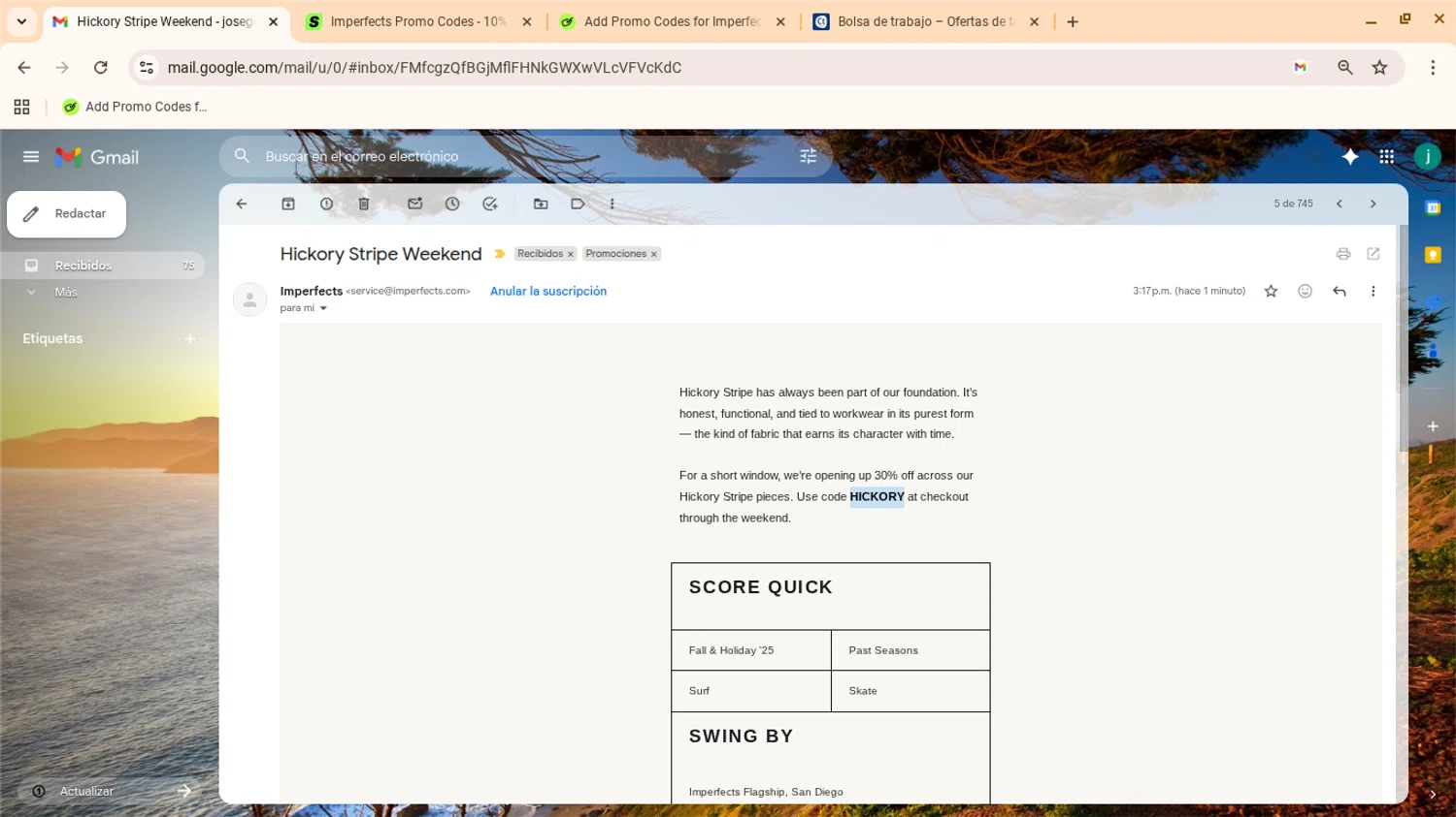 Imperfects discount code screenshot showing code HICKORY applied at Imperfects checkout page. Uploaded by SimplyCodes community member yennifergonzalez on Jan 9, 2026