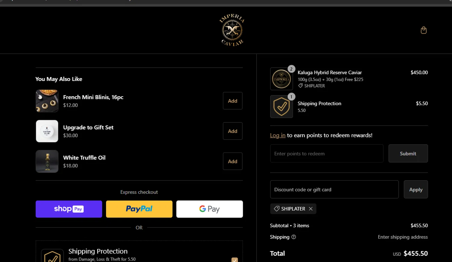 where to use Imperia Caviar promo code box