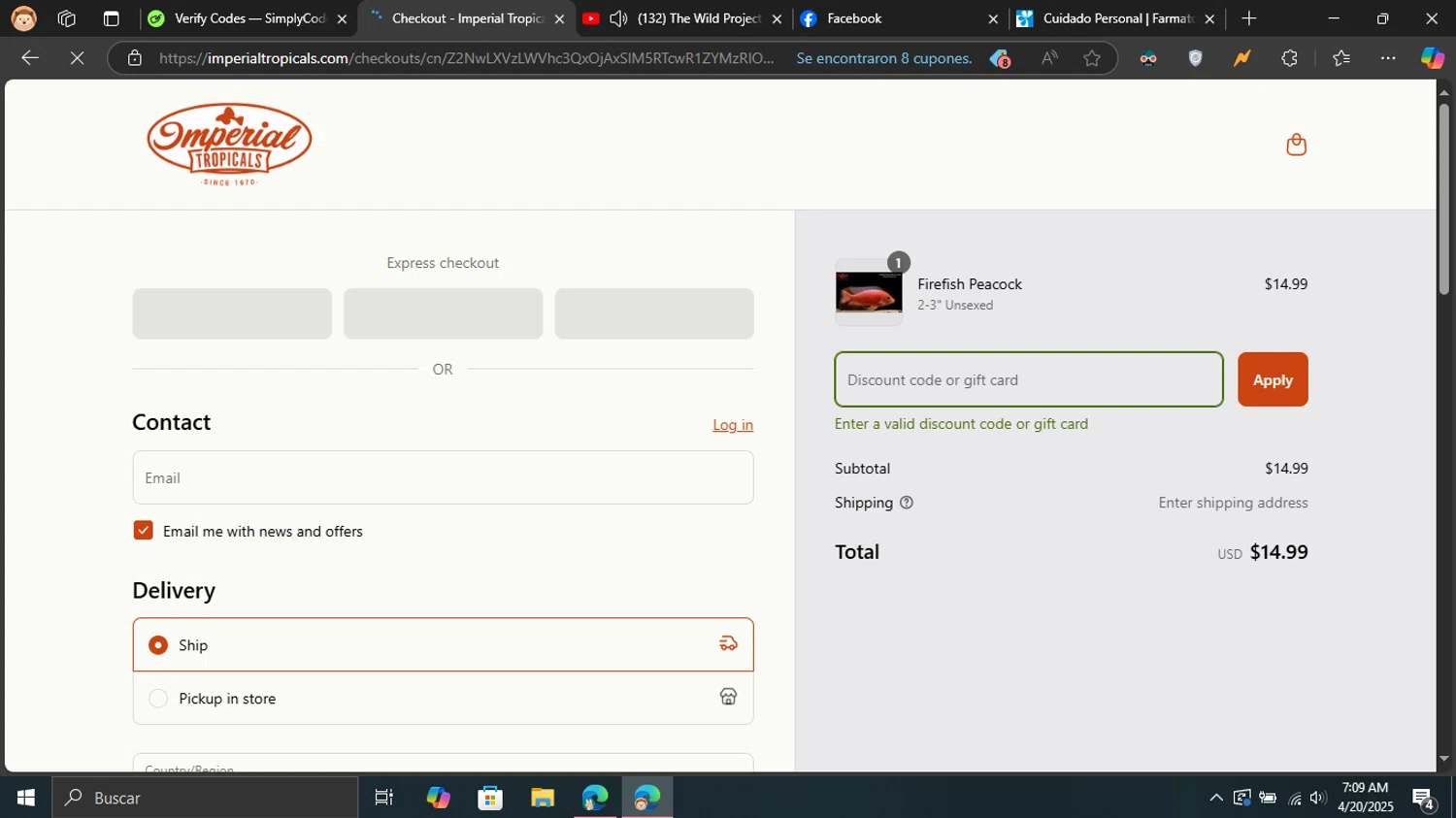Imperial Tropicals promo code screenshot showing code MAB applied at Imperial Tropicals checkout page. Uploaded by SimplyCodes community member Blackleg_Sanji on Apr 20, 2025