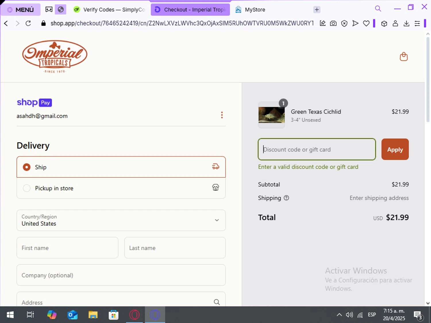Imperial Tropicals promo code screenshot showing code MAB applied at Imperial Tropicals checkout page. Uploaded by SimplyCodes community member NoblePilot6996 on Apr 20, 2025