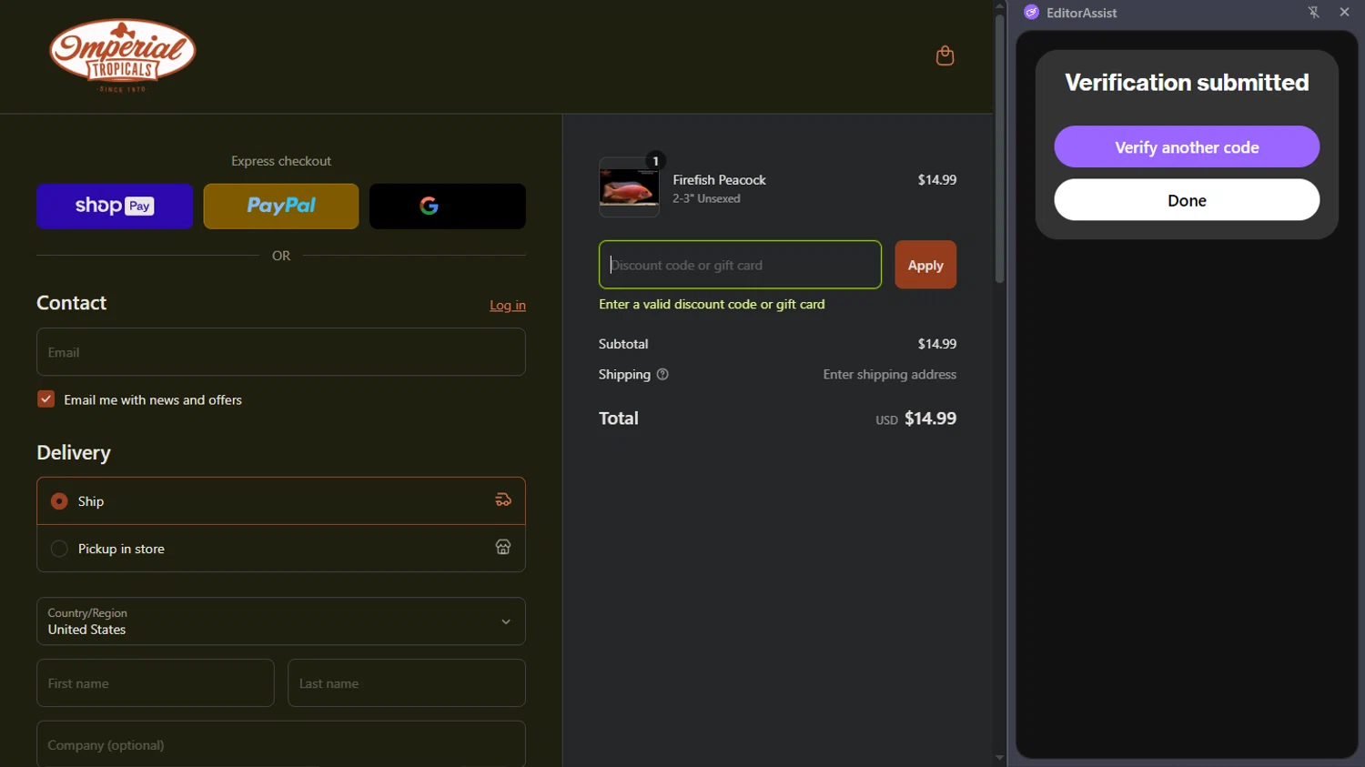 Imperial Tropicals promo code screenshot showing code MAB applied at Imperial Tropicals checkout page. Uploaded by SimplyCodes community member CrownExpert4084 on Apr 20, 2025