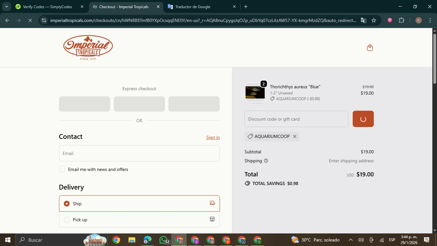 Imperial Tropicals promo code screenshot showing code AQUARIUMCOOP applied at Imperial Tropicals checkout page. Uploaded by SimplyCodes community member NobleExpert6497 on Jan 29, 2026