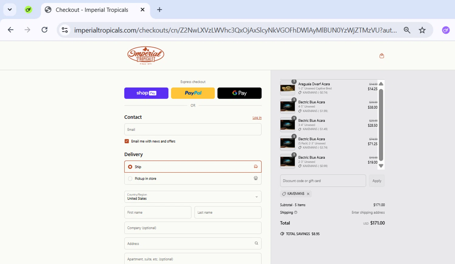 Imperial Tropicals promo code screenshot showing code KAVEMAN5 applied at Imperial Tropicals checkout page. Uploaded by SimplyCodes community member ExtraordinarySeeker9807 on May 24, 2025