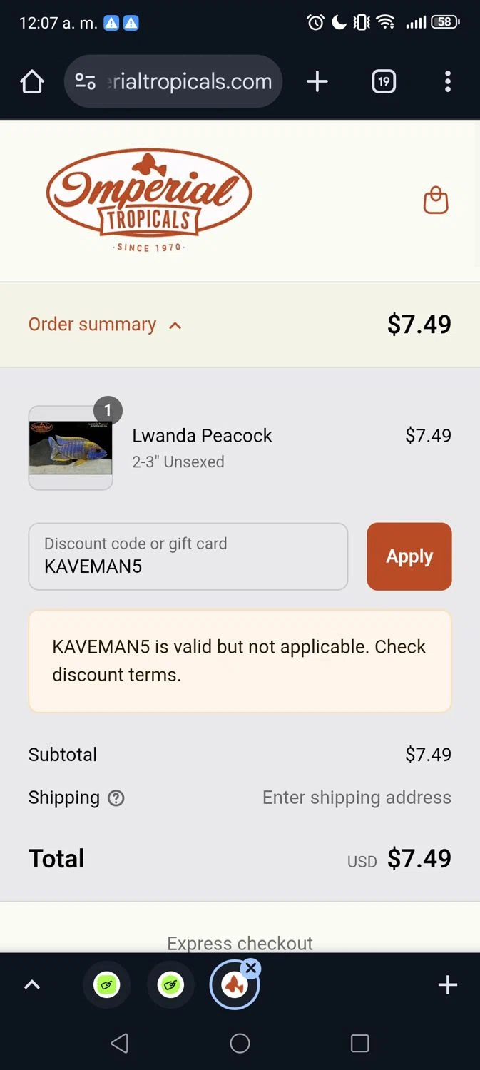 Imperial Tropicals promo code screenshot showing code KAVEMAN5 applied at Imperial Tropicals checkout page. Uploaded by SimplyCodes community member Gojosatoru20 on Jun 21, 2025