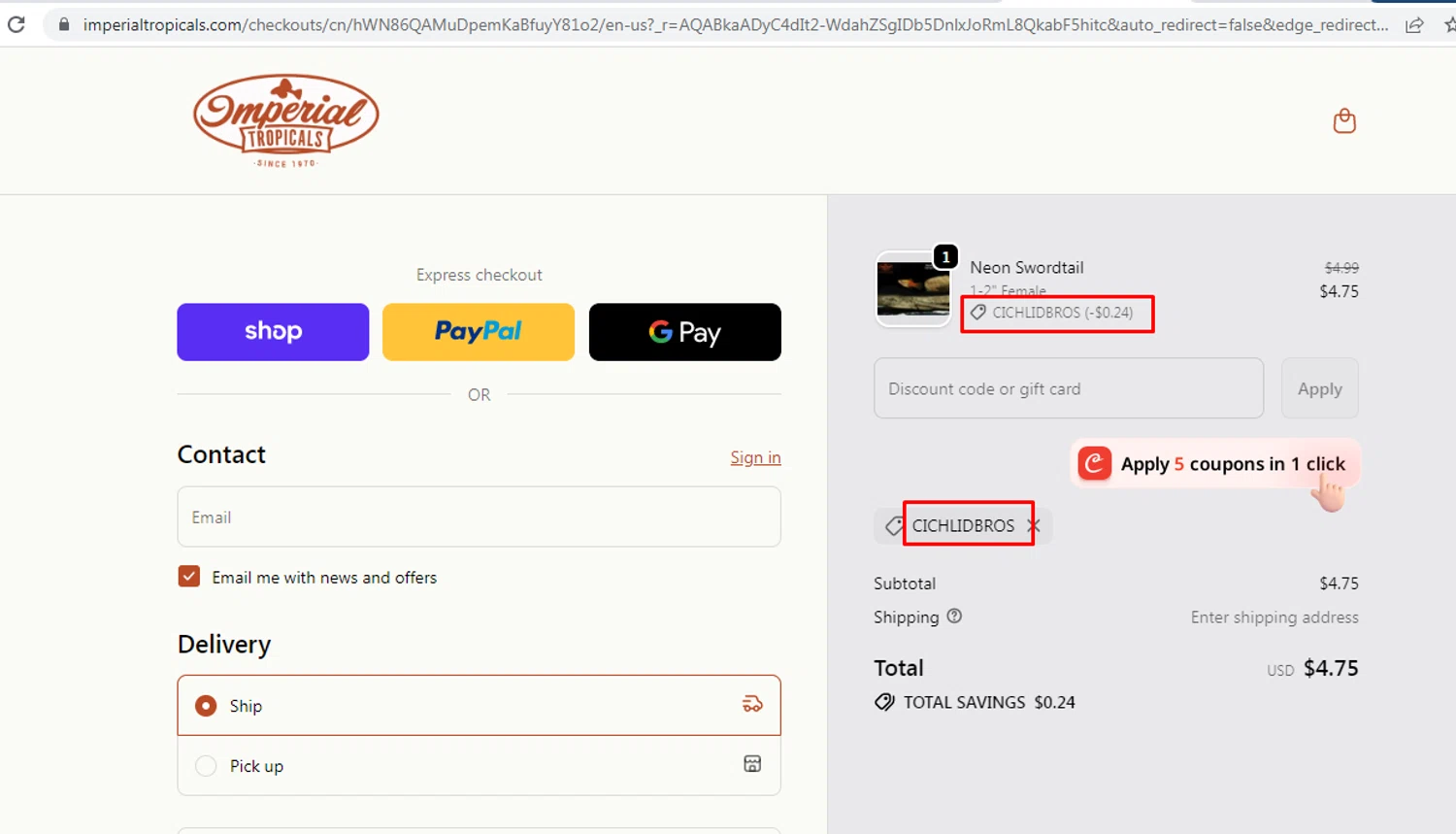 Imperial Tropicals promo code screenshot showing code CichlidBros applied at Imperial Tropicals checkout page. Uploaded by SimplyCodes community member nileskamarcano on Jan 27, 2026