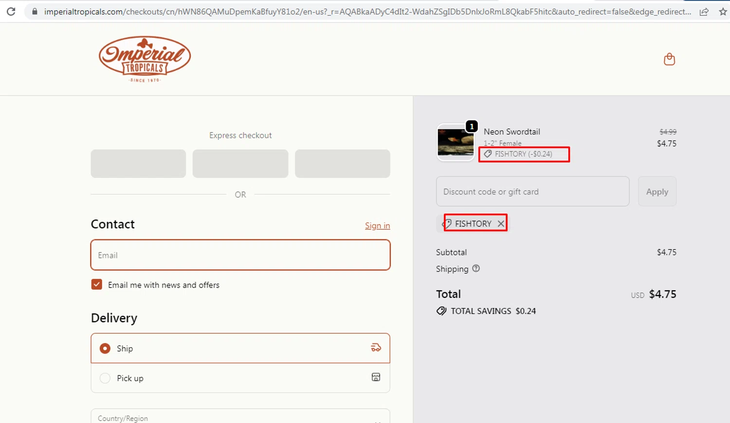Imperial Tropicals promo code screenshot showing code FISHTORY applied at Imperial Tropicals checkout page. Uploaded by SimplyCodes community member nileskamarcano on Jan 27, 2026