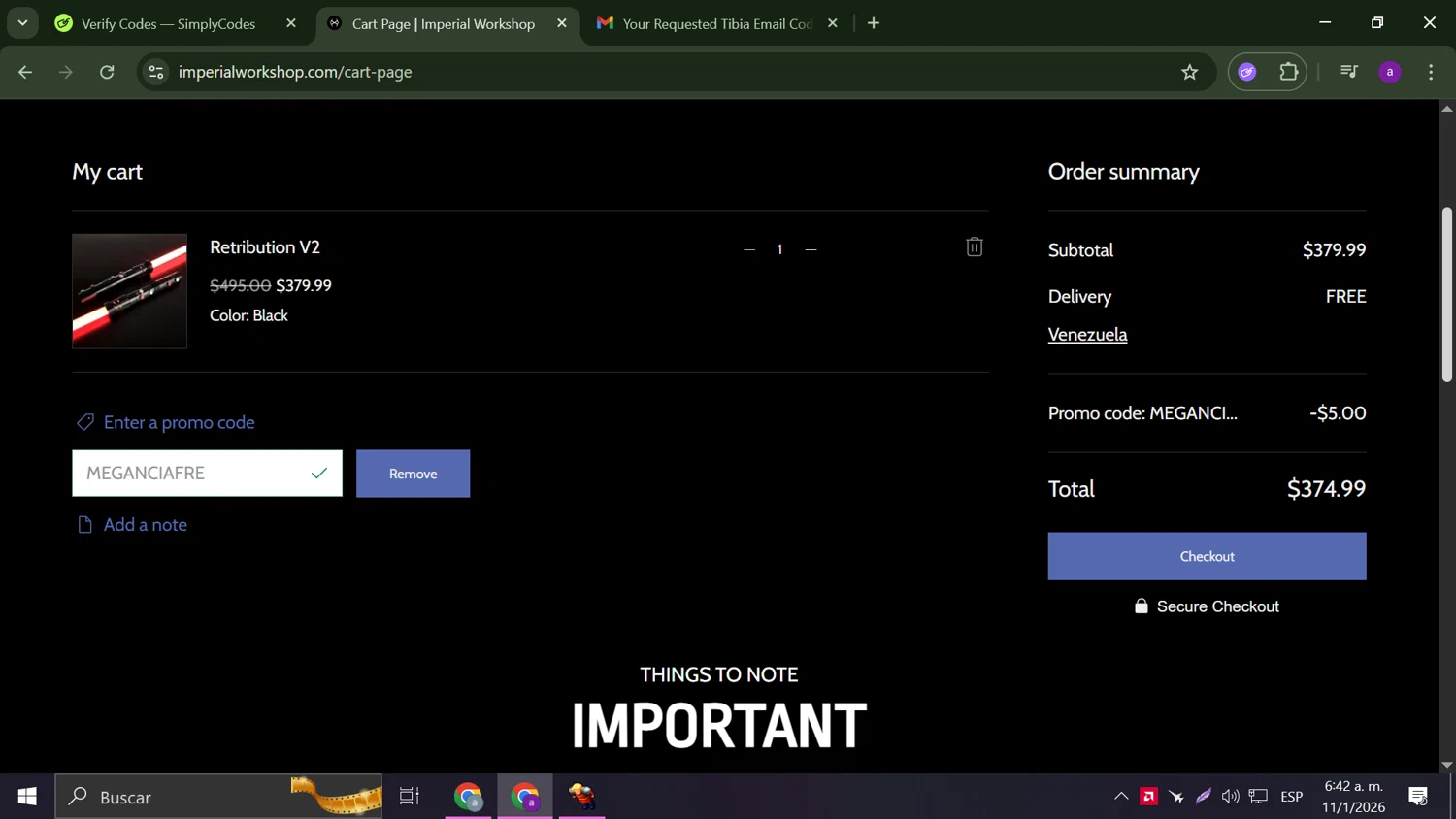 Imperial Workshop promo code screenshot showing code MEGANCIAFRE applied at Imperial Workshop checkout page. Uploaded by SimplyCodes community member Anderson on Jan 11, 2026