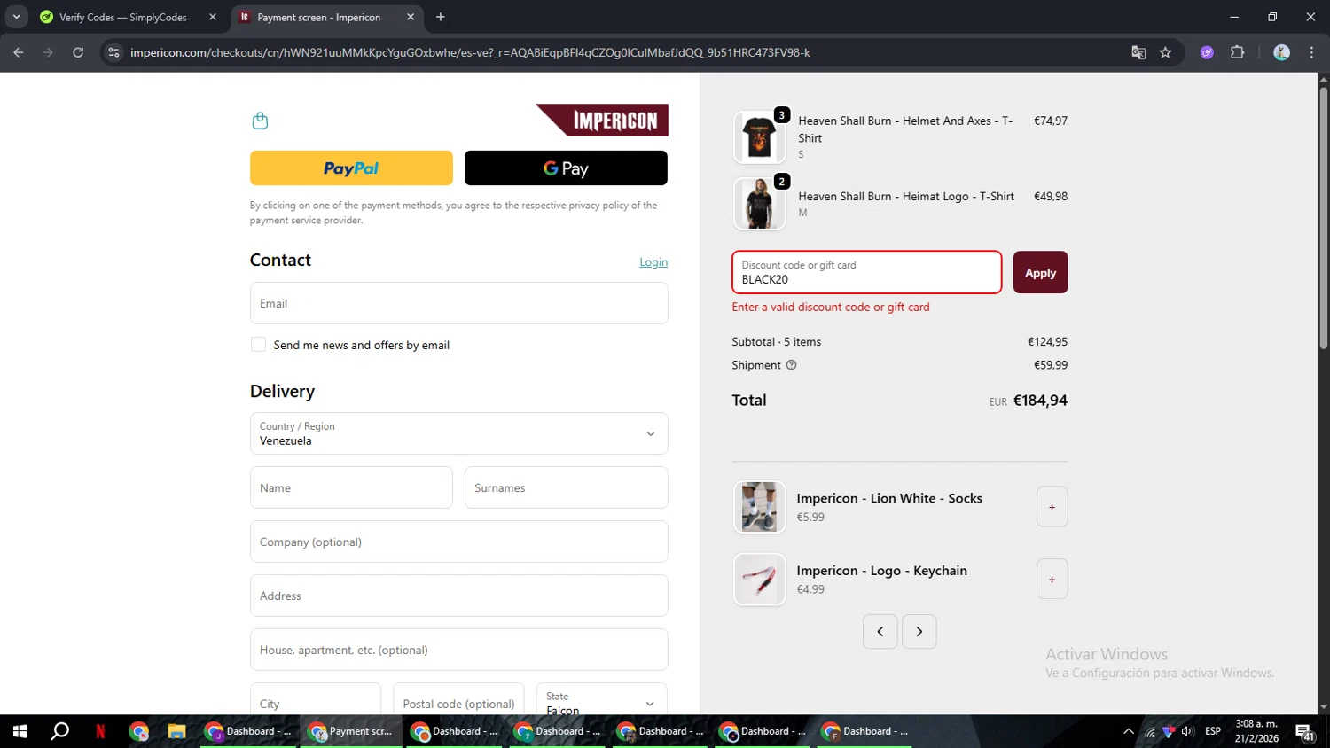Impericon promo code screenshot showing code BLACK20 applied at Impericon checkout page. Uploaded by SimplyCodes community member ShrewdSeeker6165 on Feb 21, 2026
