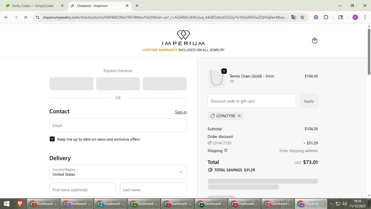 Imperium Jewelry discount code screenshot showing code loyalty30 applied at Imperium Jewelry checkout page. Uploaded by SimplyCodes community member cuieoseva on Dec 11, 2025