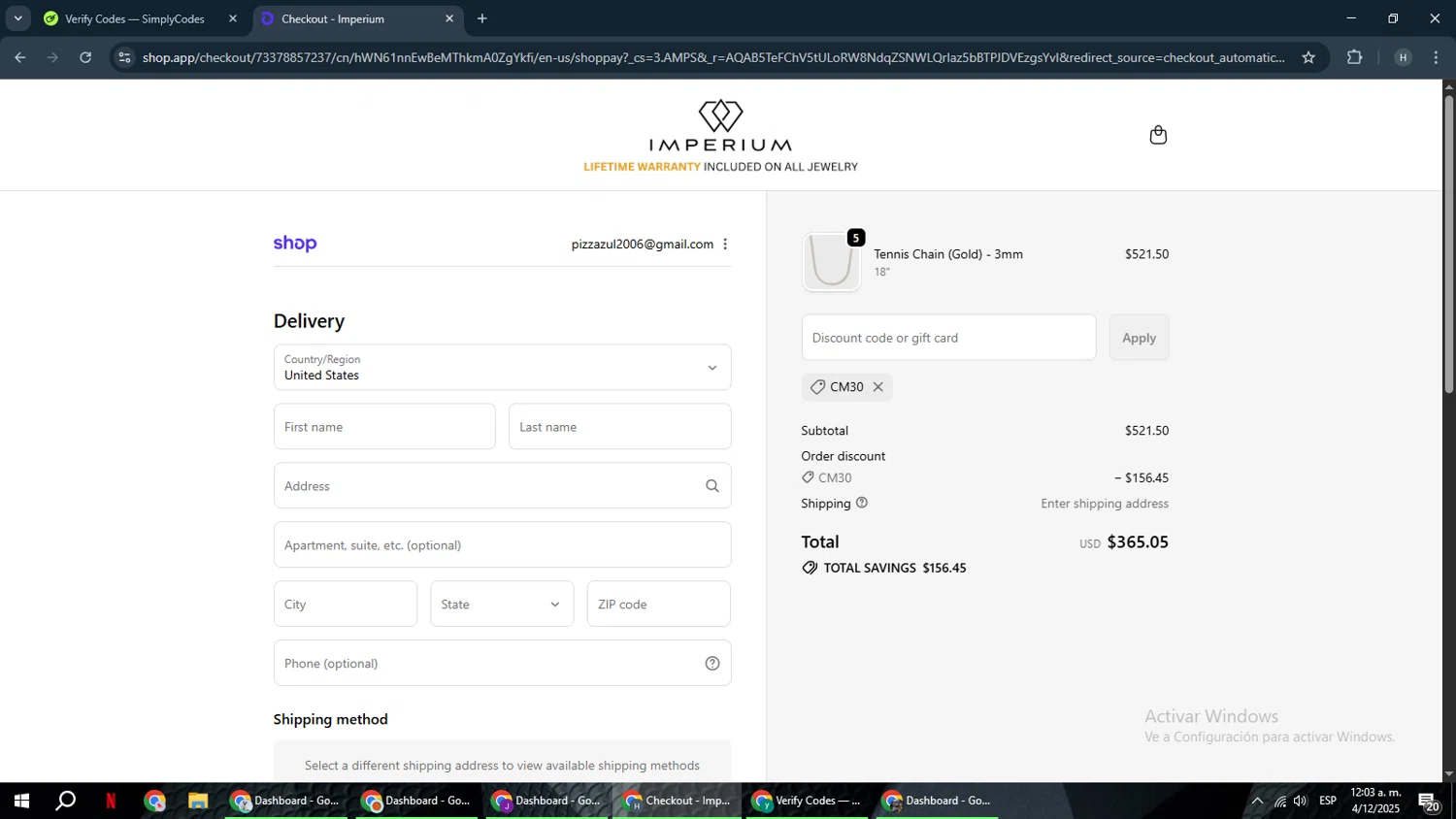 Imperium Jewelry discount code screenshot showing code CM30 applied at Imperium Jewelry checkout page. Uploaded by SimplyCodes community member YAMAHA on Dec 4, 2025