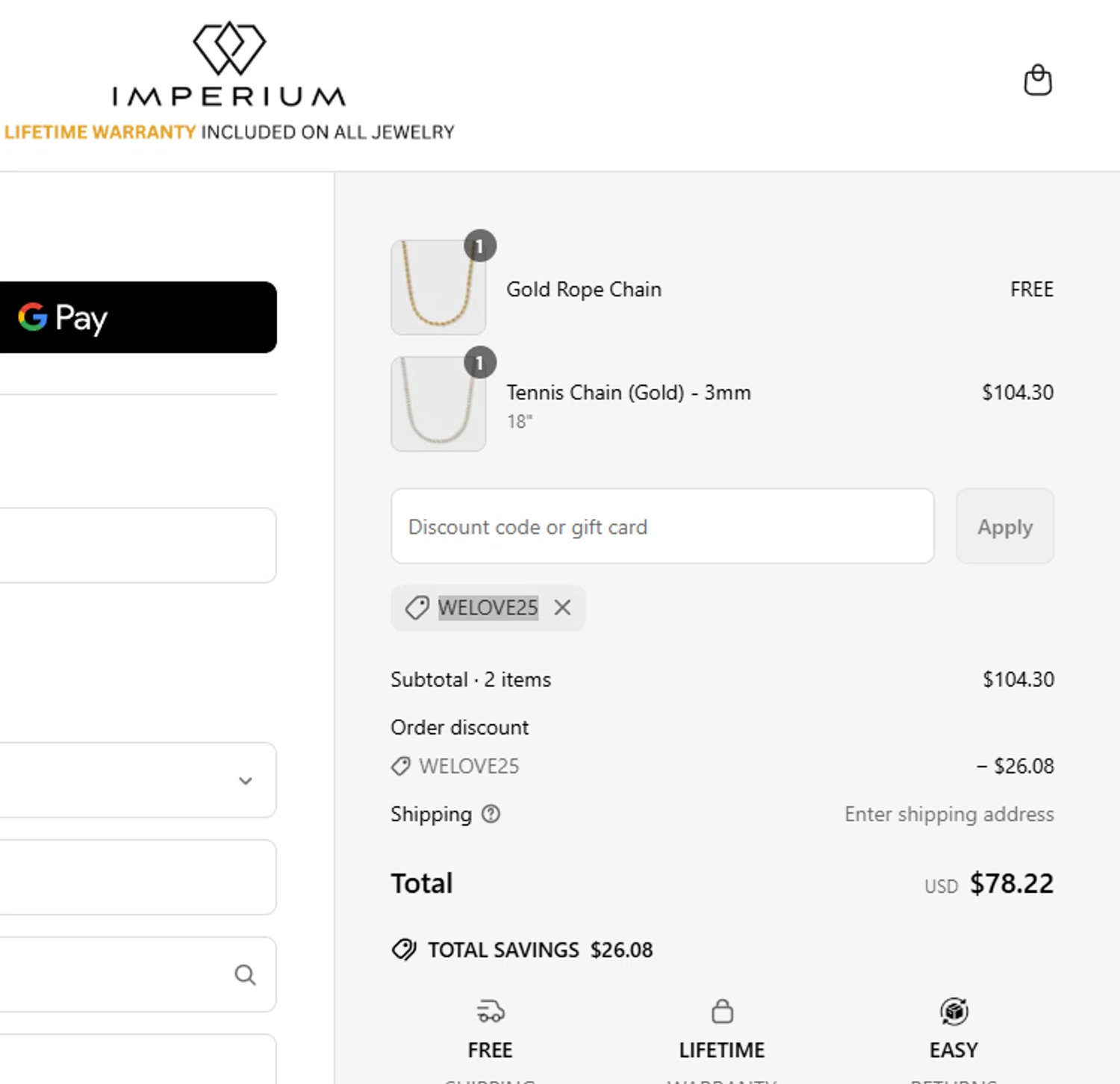 Imperium Jewelry discount code screenshot showing code WELOVE25 applied at Imperium Jewelry checkout page. Uploaded by SimplyCodes community member salemigajera on May 23, 2025