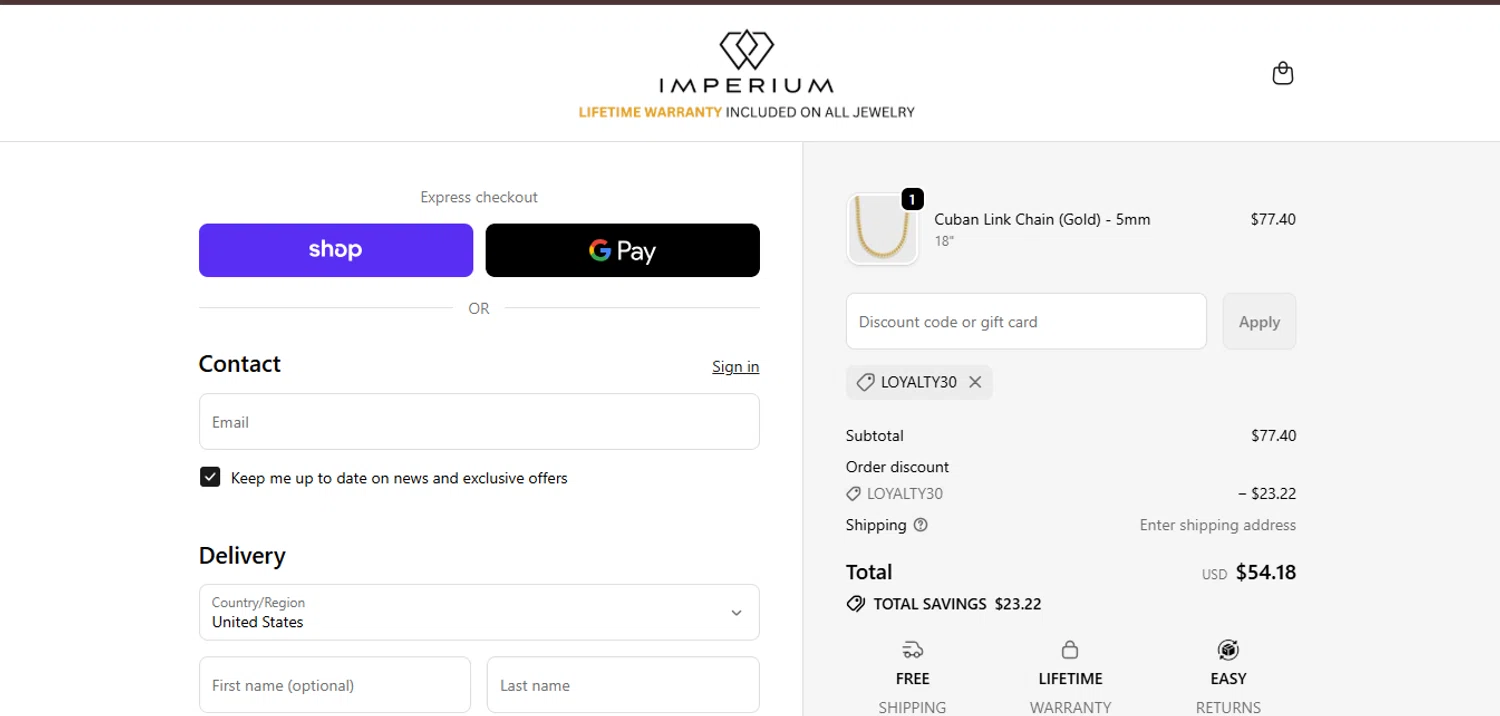 Imperium Jewelry discount code screenshot showing code loyalty30 applied at Imperium Jewelry checkout page. Uploaded by SimplyCodes community member juanisaac on Nov 15, 2025