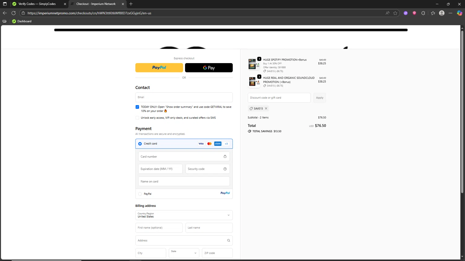 Imperium Network promo code screenshot showing code save15 applied at Imperium Network checkout page. Uploaded by SimplyCodes community member Akatsuki on Oct 9, 2025