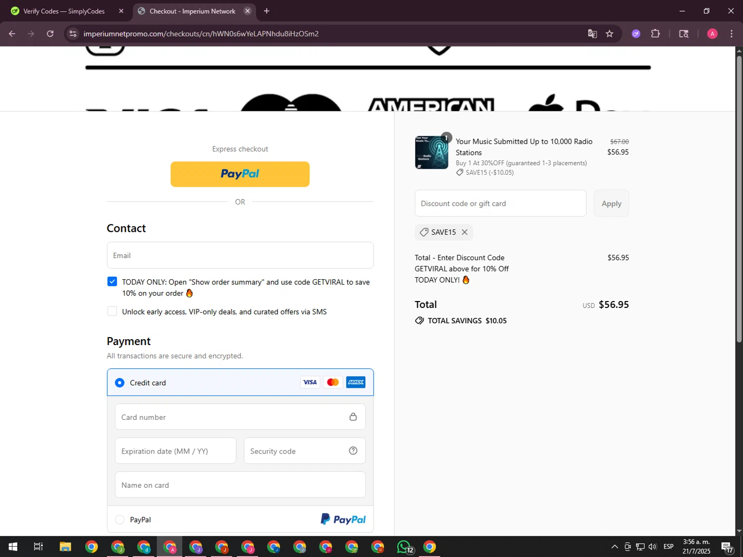 Imperium Network promo code screenshot showing code save15 applied at Imperium Network checkout page. Uploaded by SimplyCodes community member CrownHawk3462 on Jul 21, 2025