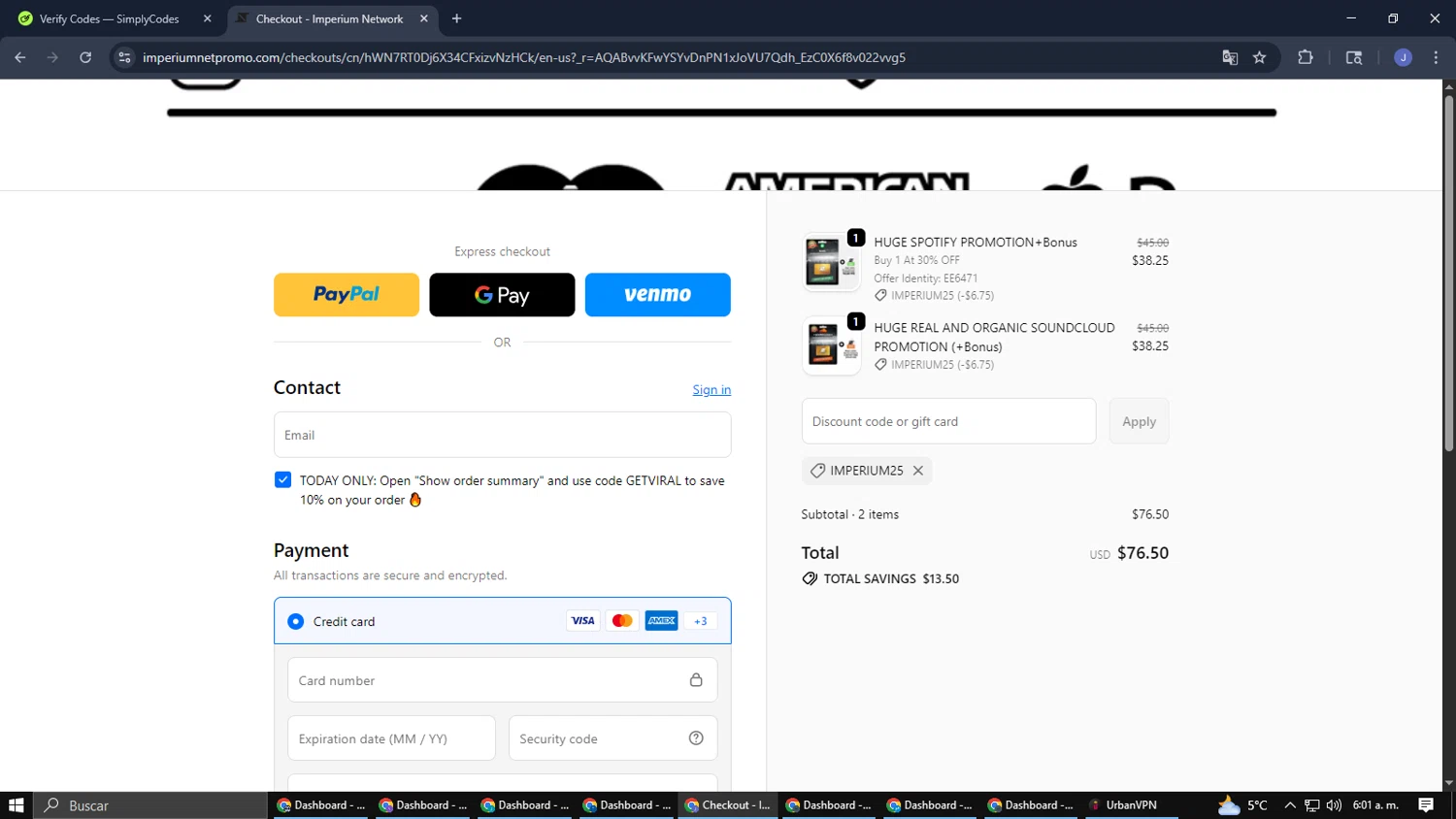 Imperium Network promo code screenshot showing code IMPERIUM25 applied at Imperium Network checkout page. Uploaded by SimplyCodes community member CouponGuardian8137 on Jan 10, 2026
