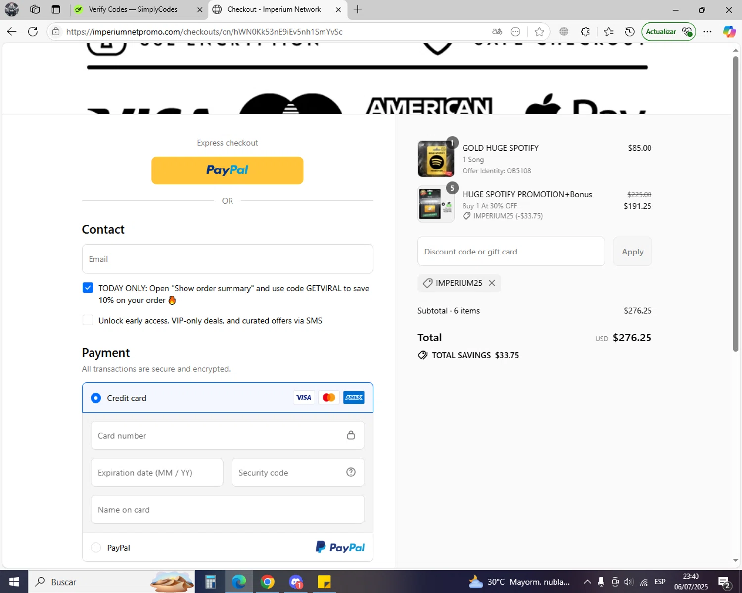 Imperium Network promo code screenshot showing code IMPERIUM25 applied at Imperium Network checkout page. Uploaded by SimplyCodes community member jhoanDepp on Jul 7, 2025