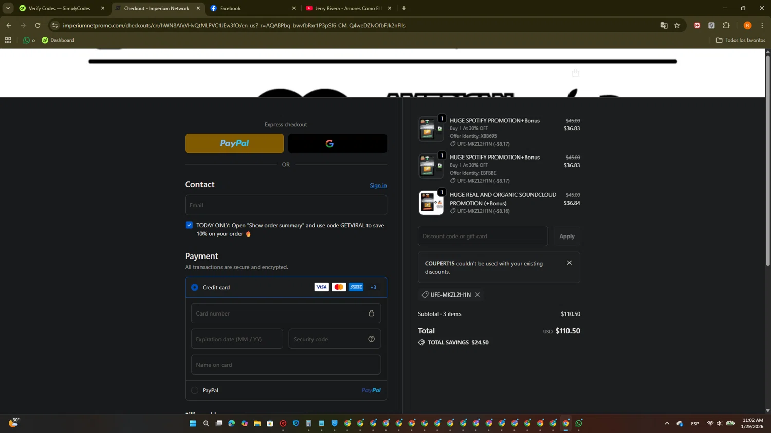 Imperium Network promo code screenshot showing code COUPERT15 applied at Imperium Network checkout page. Uploaded by SimplyCodes community member PromoTitan1625 on Jan 29, 2026