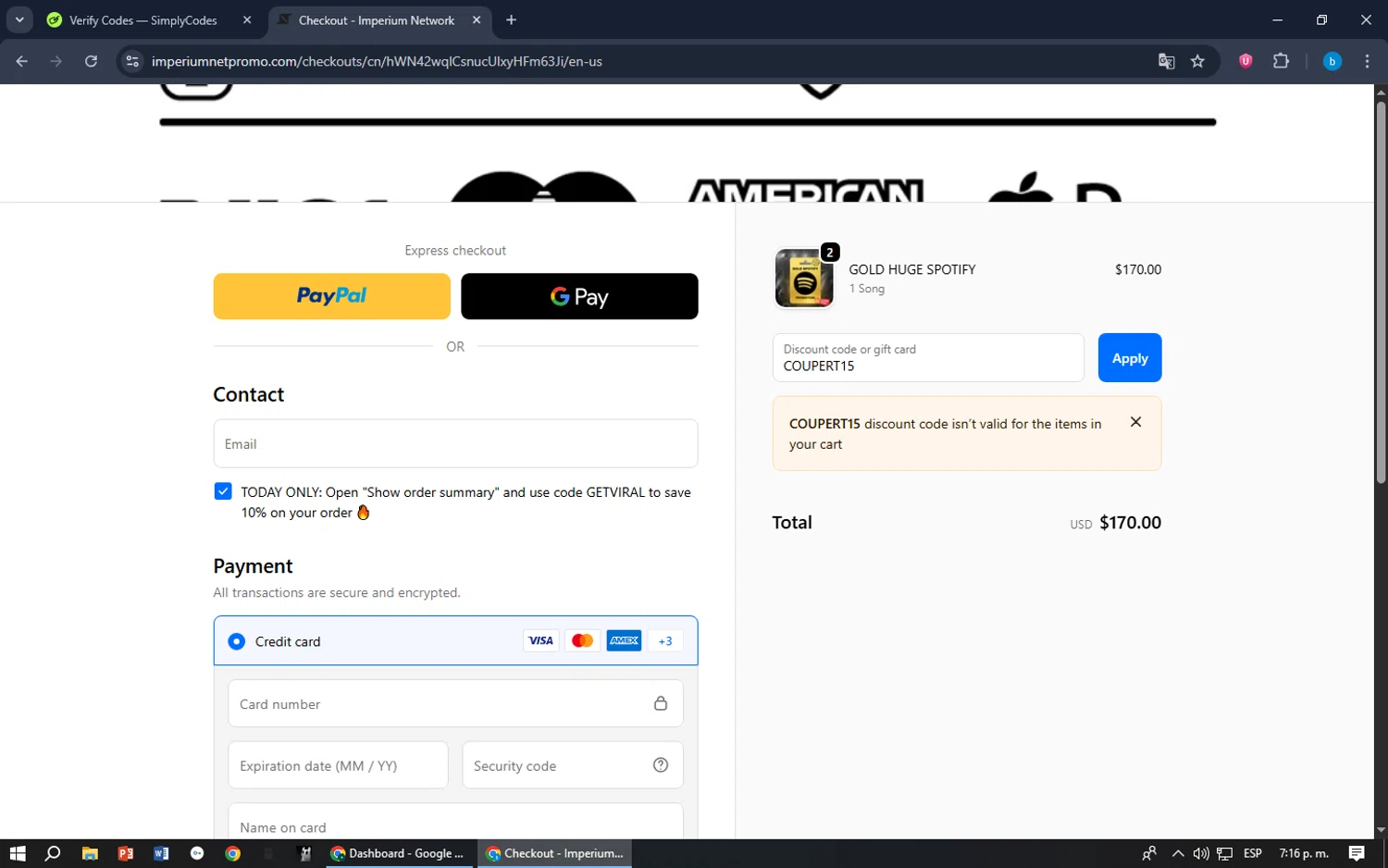Imperium Network promo code screenshot showing code COUPERT15 applied at Imperium Network checkout page. Uploaded by SimplyCodes community member bilijr on Oct 12, 2025