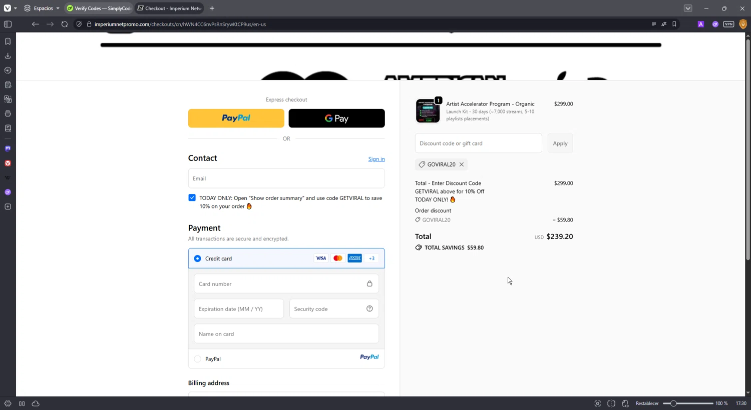 Imperium Network promo code screenshot showing code GOVIRAL20 applied at Imperium Network checkout page. Uploaded by SimplyCodes community member TreasureMonarch3770 on Oct 16, 2025