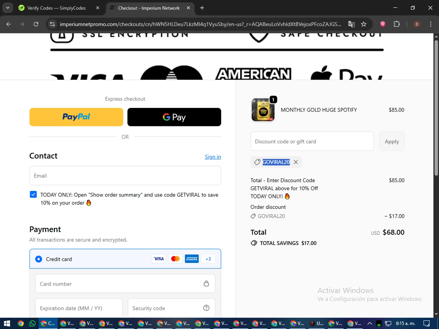 Imperium Network promo code screenshot showing code GOVIRAL20 applied at Imperium Network checkout page. Uploaded by SimplyCodes community member liltecca on Nov 14, 2025