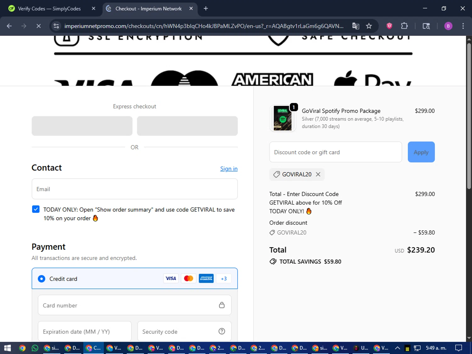 Imperium Network promo code screenshot showing code GOVIRAL20 applied at Imperium Network checkout page. Uploaded by SimplyCodes community member travisscott on Nov 2, 2025