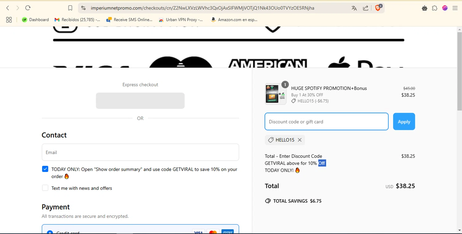 Imperium Network promo code screenshot showing code HELLO15 applied at Imperium Network checkout page. Uploaded by SimplyCodes community member brcbrc on Apr 2, 2025