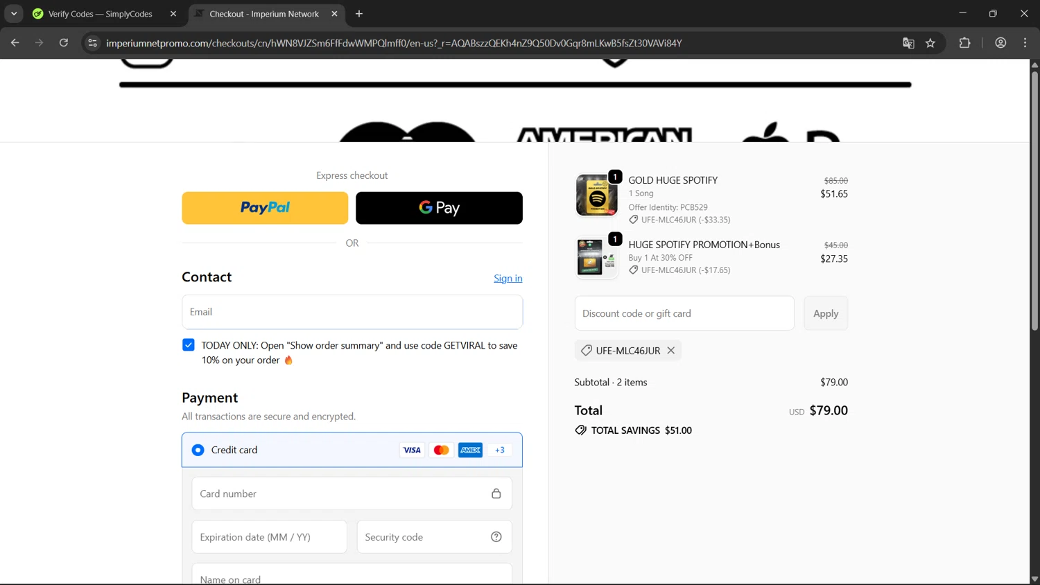 Imperium Network checkout page showing Imperium Network promo code box | Screenshot taken by SimplyCodes community member on Feb 7, 2026