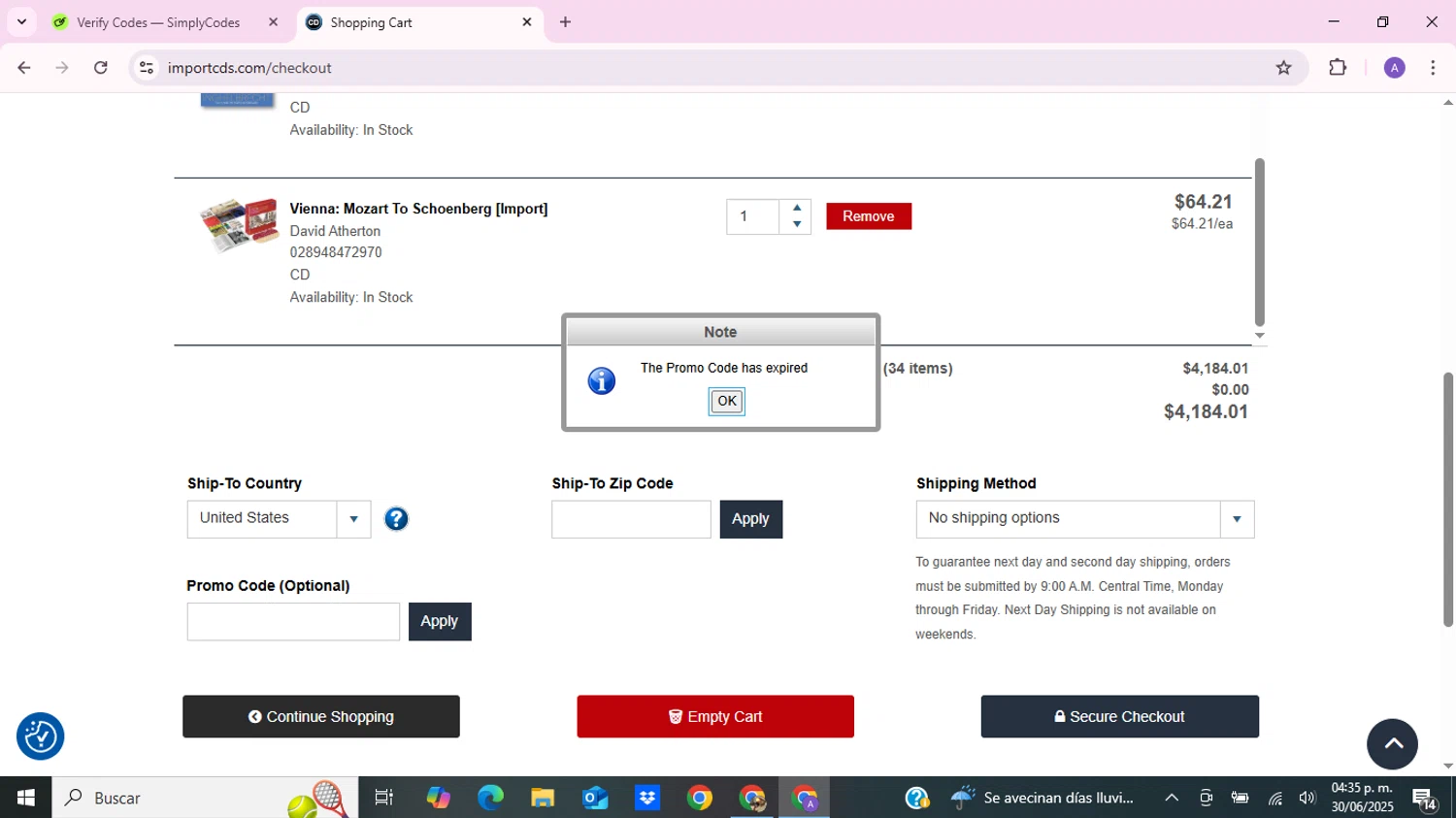ImportCDs promo code screenshot showing code HAPPY10 applied at ImportCDs checkout page. Uploaded by SimplyCodes community member QuestScout5569 on Jun 30, 2025