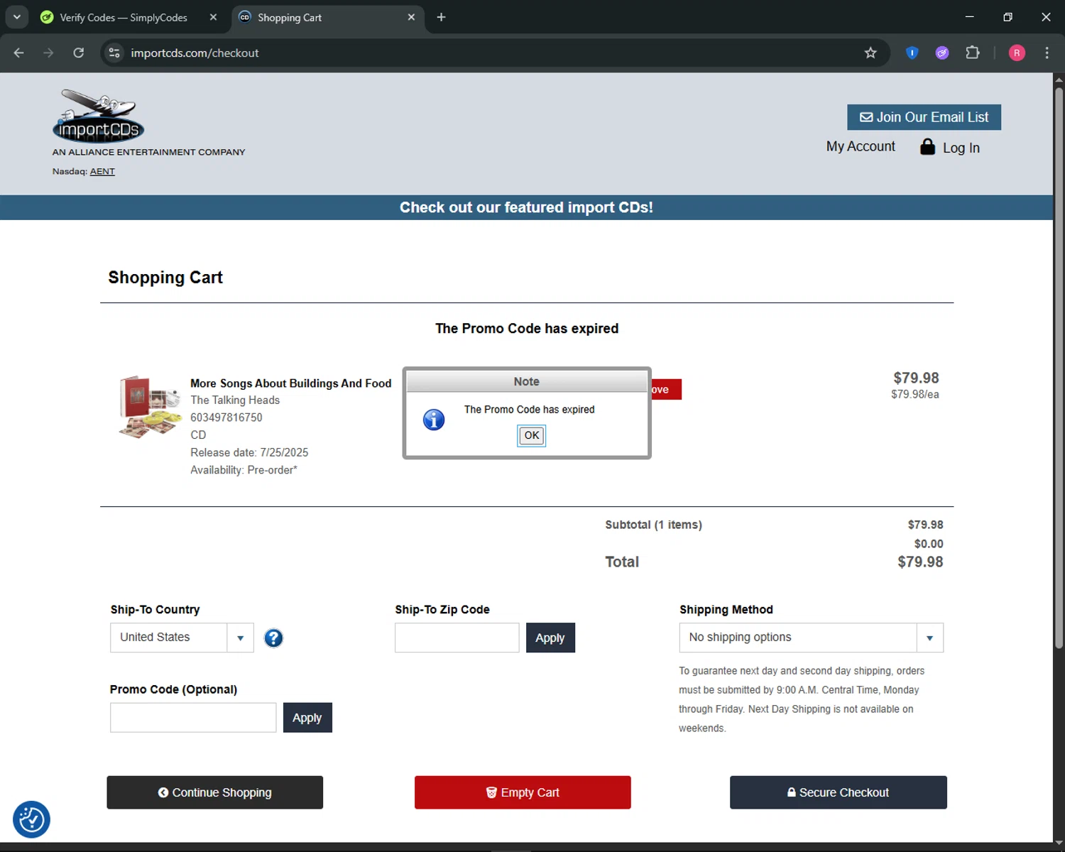 ImportCDs promo code screenshot showing code HAPPY10 applied at ImportCDs checkout page. Uploaded by SimplyCodes community member ThriftyGuardian8485 on Jun 30, 2025