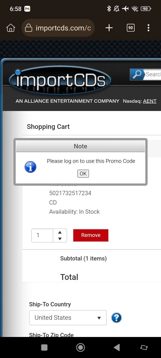 ImportCDs promo code screenshot showing code CD69FV852 applied at ImportCDs checkout page. Uploaded by SimplyCodes community member RomeoSantos on Feb 23, 2025