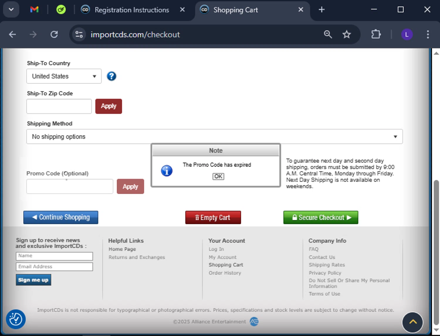 ImportCDs promo code screenshot showing code CD69FV852 applied at ImportCDs checkout page. Uploaded by SimplyCodes community member CoinElite8726 on Mar 19, 2025