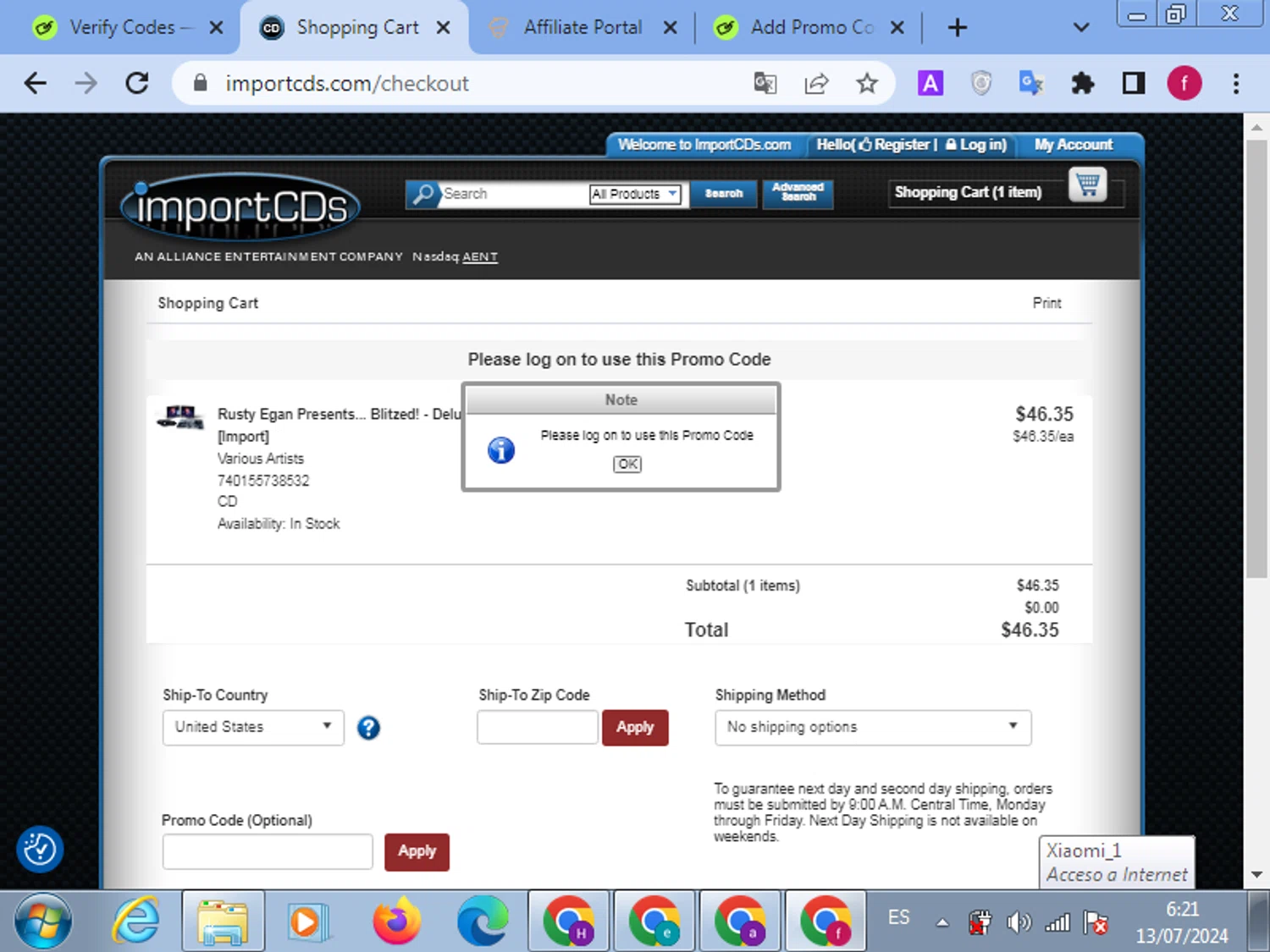 ImportCDs checkout page showing ImportCDs promo code box | Screenshot taken by SimplyCodes community member on Jul 13, 2024