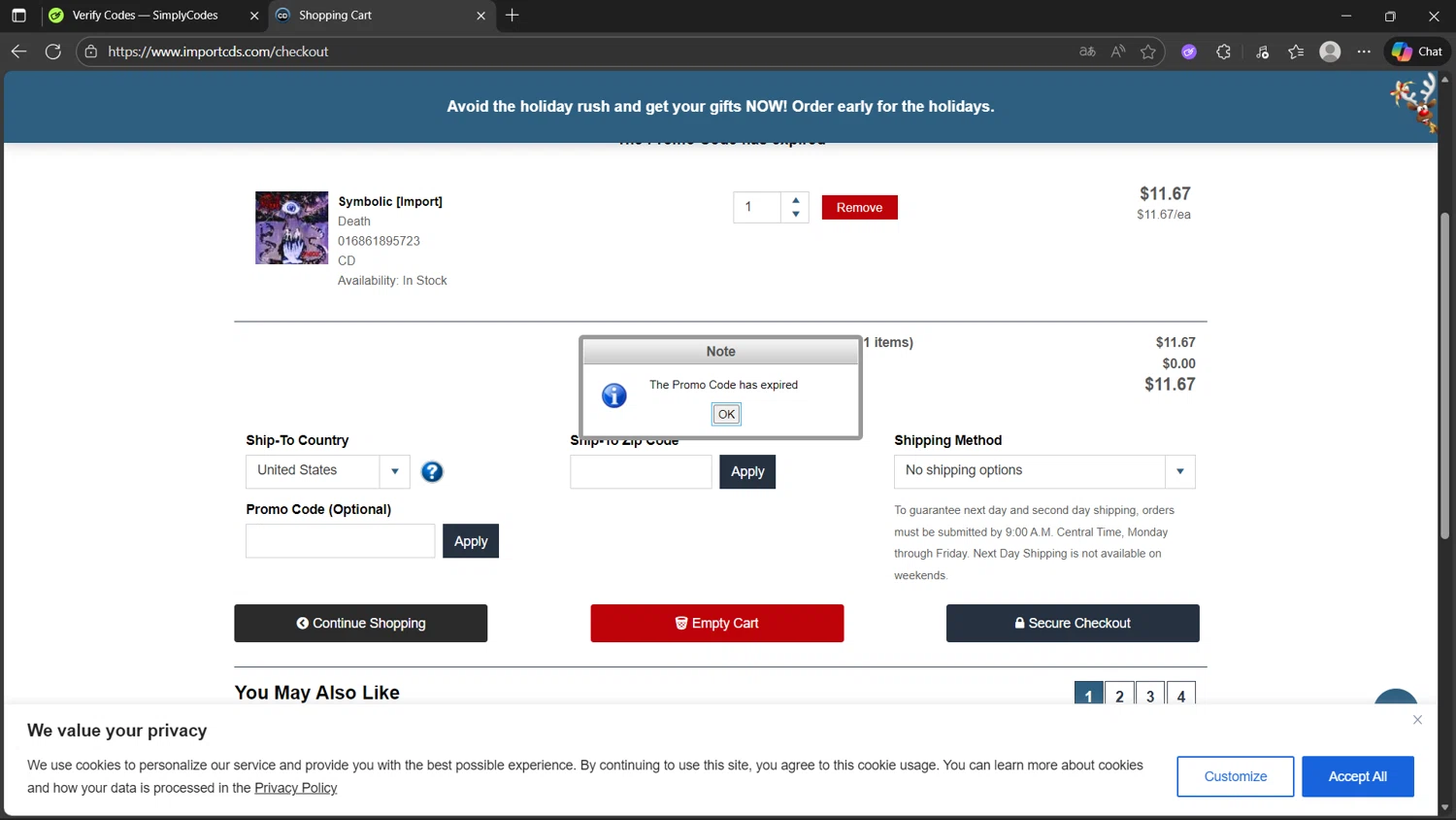 ImportCDs promo code screenshot showing code Thanks10 applied at ImportCDs checkout page. Uploaded by SimplyCodes community member Clairer on Nov 22, 2025