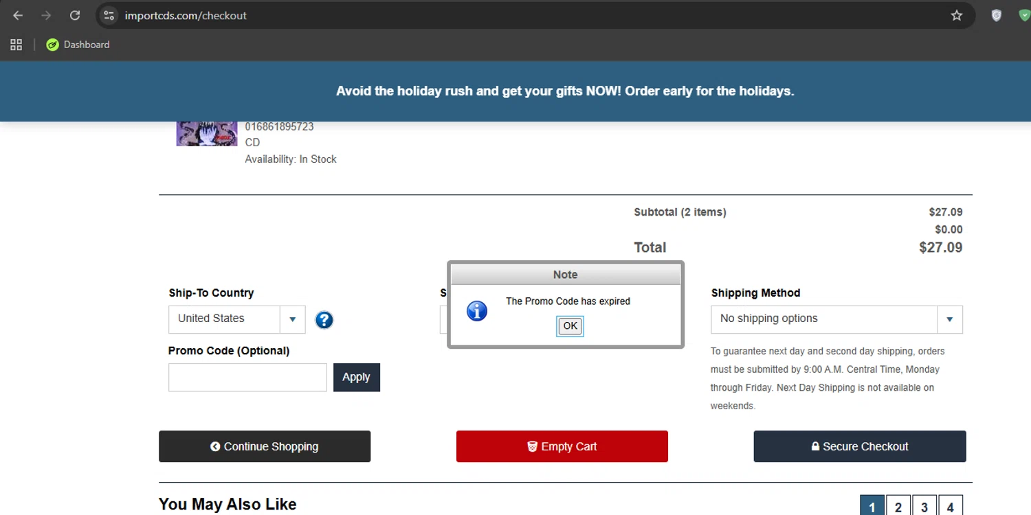 ImportCDs promo code screenshot showing code Thanks10 applied at ImportCDs checkout page. Uploaded by SimplyCodes community member Limon02 on Nov 22, 2025