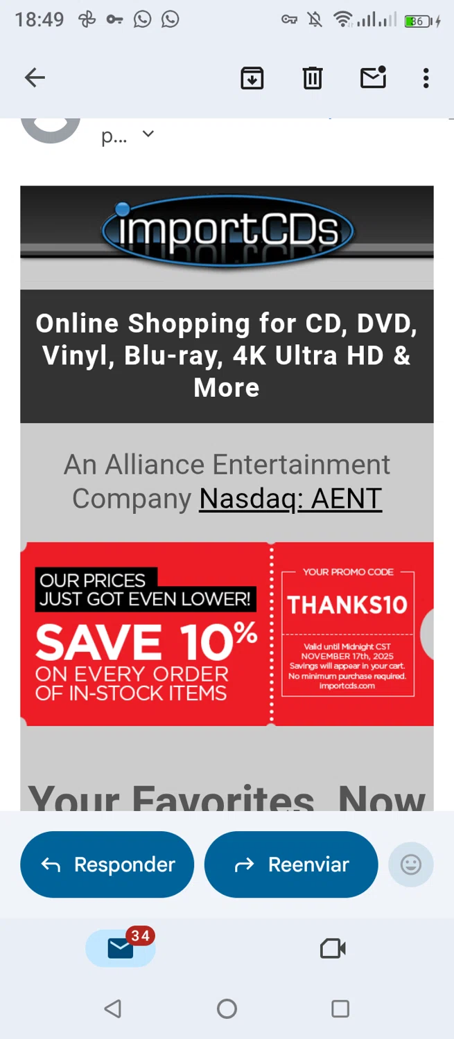 ImportCDs promo code screenshot showing code THANKS10 applied at ImportCDs checkout page. Uploaded by SimplyCodes community member jimmytheis on Nov 10, 2025